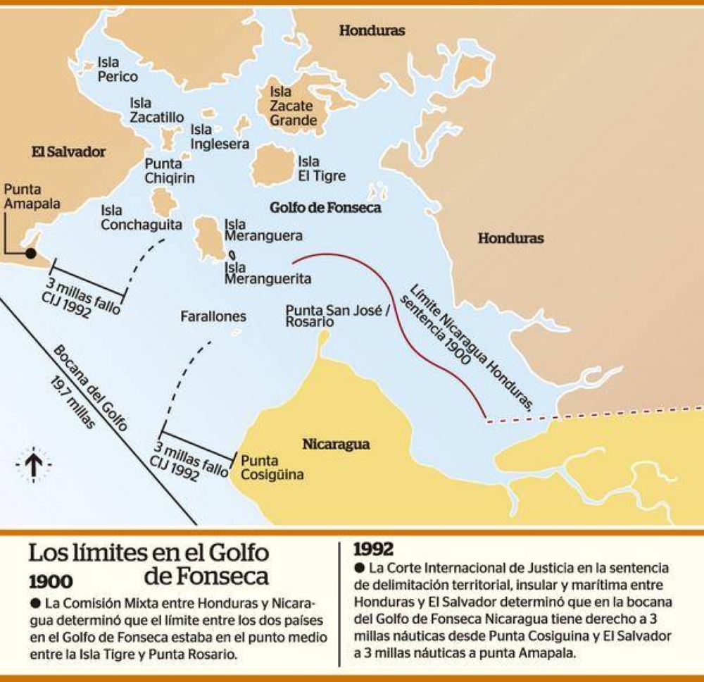 Mapa de delimitación de La Haya sobre límites de aguas del Golfo de Fonseca. Cortesía