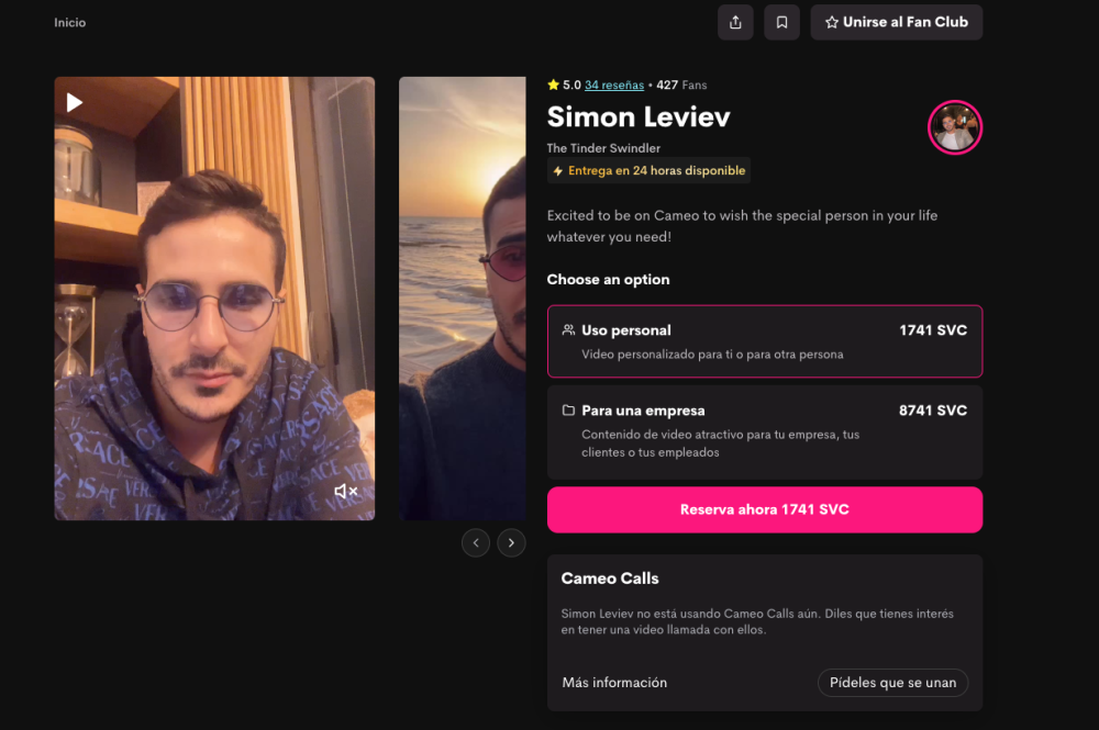 Captura de Pantalla del perfil oficial de Simon Leviev.