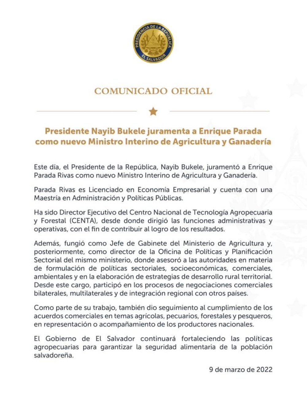 Hoja profesional de Enrique Parada Rivas, nuevo ministro interino del MAG
