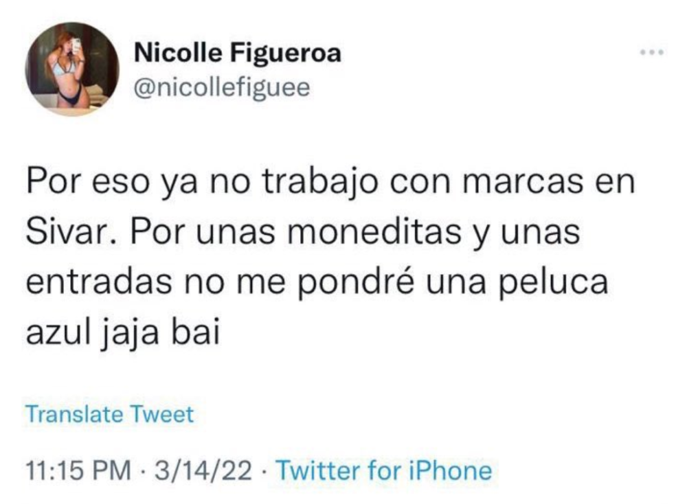 Captura de pantalla del tweet de Nicolle Figueroa.