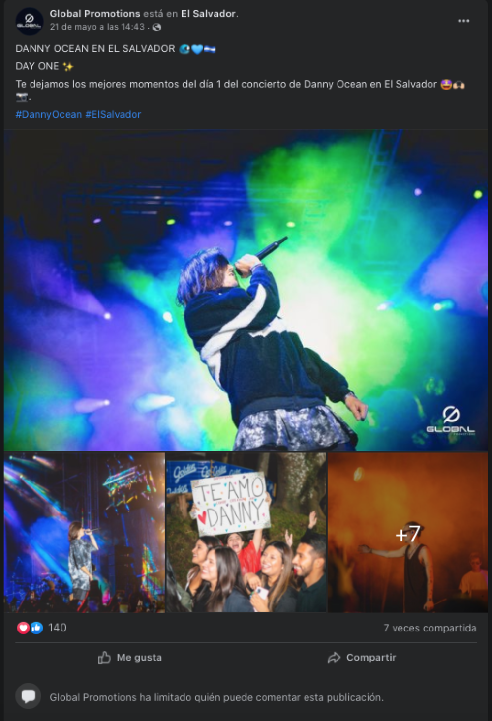 Captura de pantalla de Global Studios, compañía que organizó el concierto de Danny  Ocean en El Salvador.