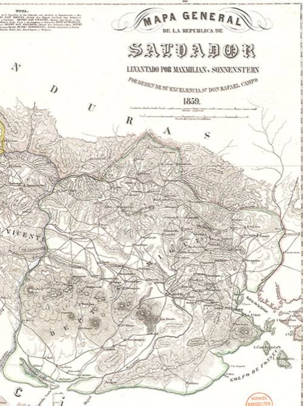 El departamento de San Miguel, en el mapa oficial trazado por el ingeniero alemán Maxmilian von Sonnenstern, New York, 1858. / DEM