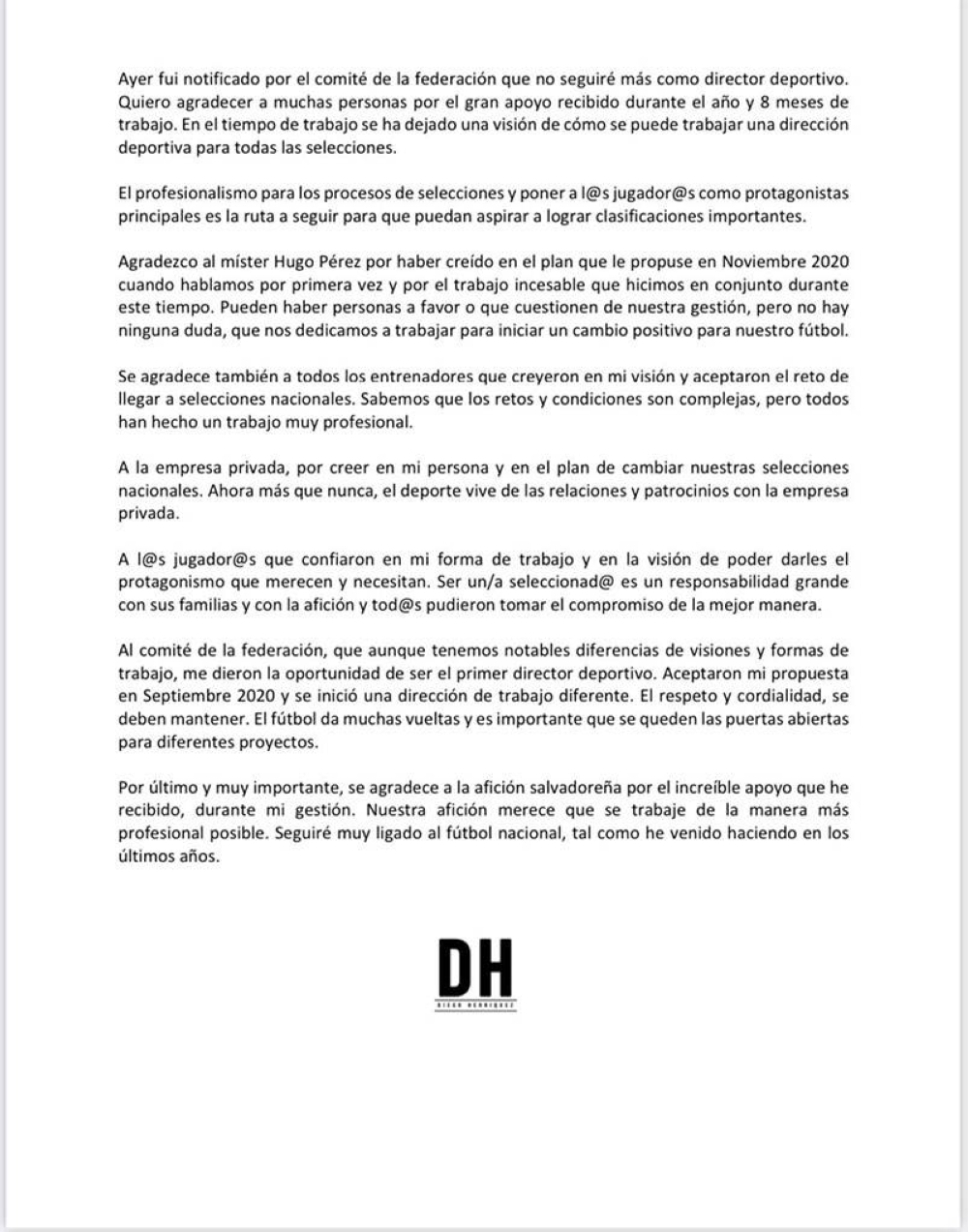 Este es el comunicado de despedida que publicó Diego Henríquez en sus redes sociales.