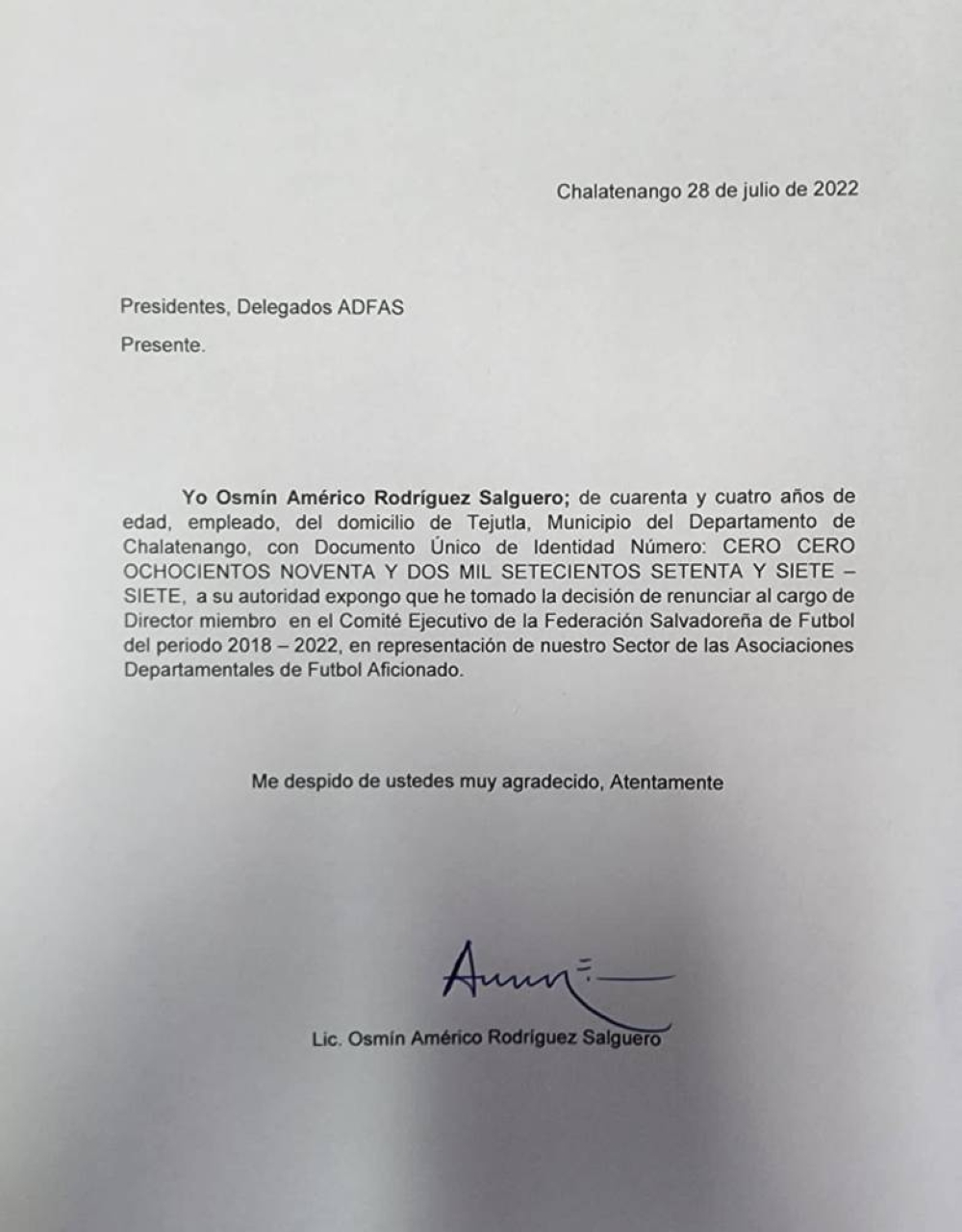Renuncia Américo Rodríguez