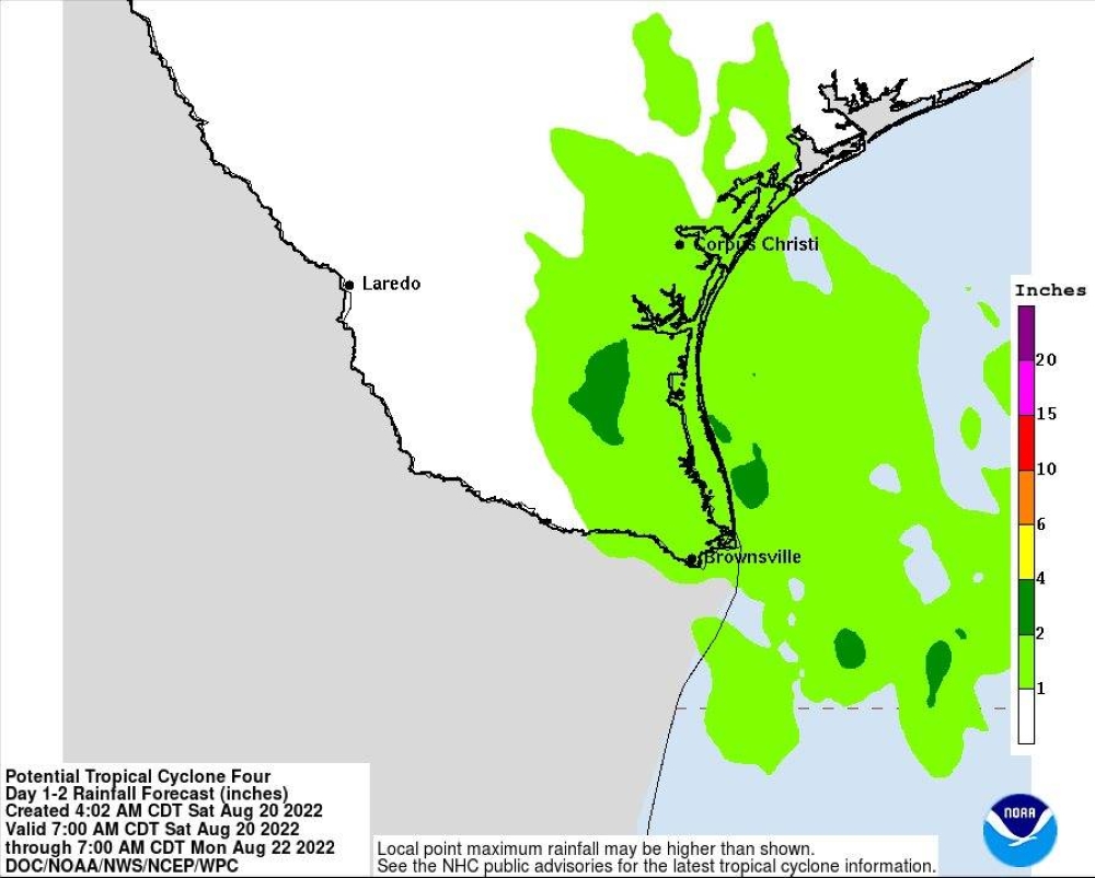 Región de la costa de Texas que se espera sea impactada este domingo. NOAA