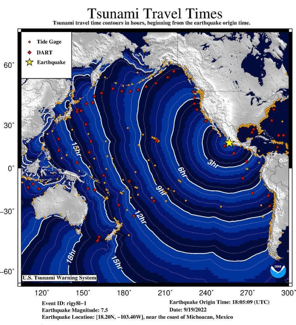 Ruta de viaje de olas relacionadas a tsunami en México. Cortesía NOAA