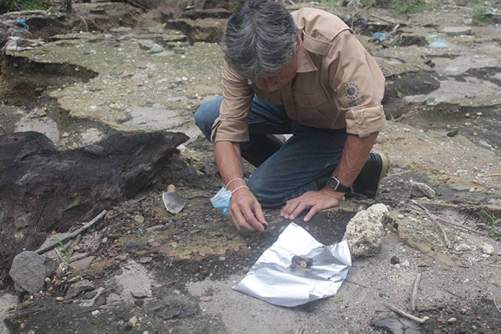El arqueólogo Shione Shibata recoge una pieza para examinarla. / G.A.