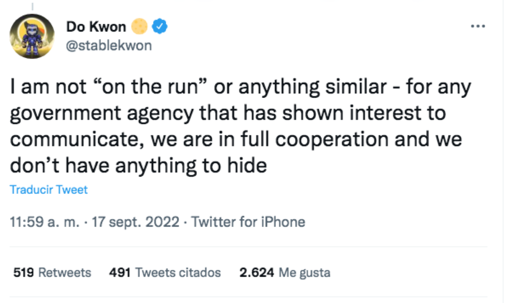 Tuit de Do Kwon sobre su orden de captura por la Interpol.
