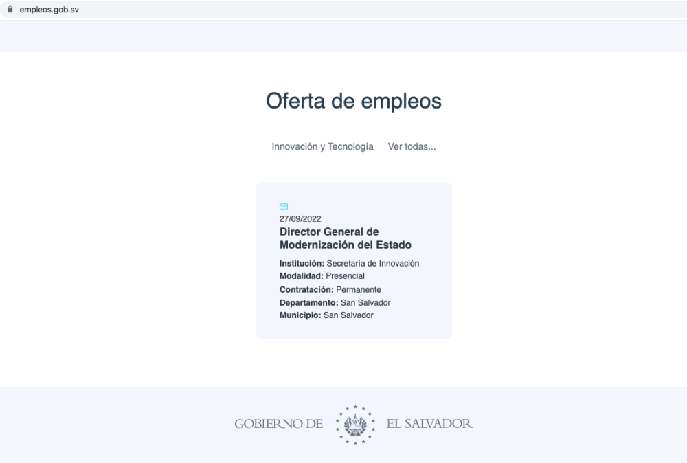 Captura de la página Empleos SV, lanzada por el Gobierno para ofrecer empleos en el aparato público. 
