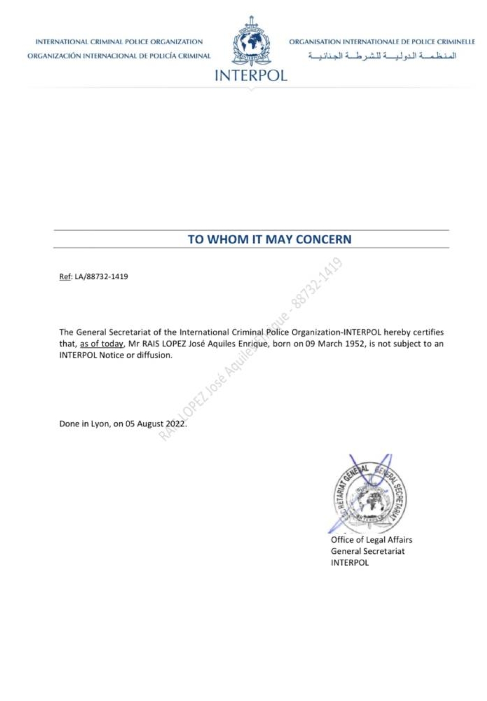 Una carta de Interpol certifica que Rais no tiene difusión roja.