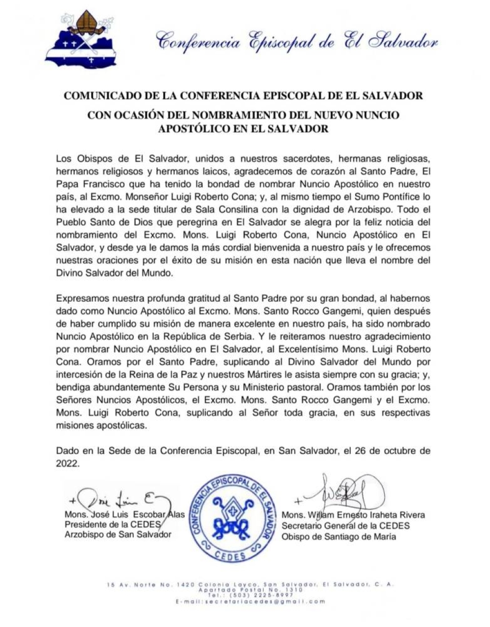 Comunicado de la conferencia Episcopal de El Salvador. / Cortesía.