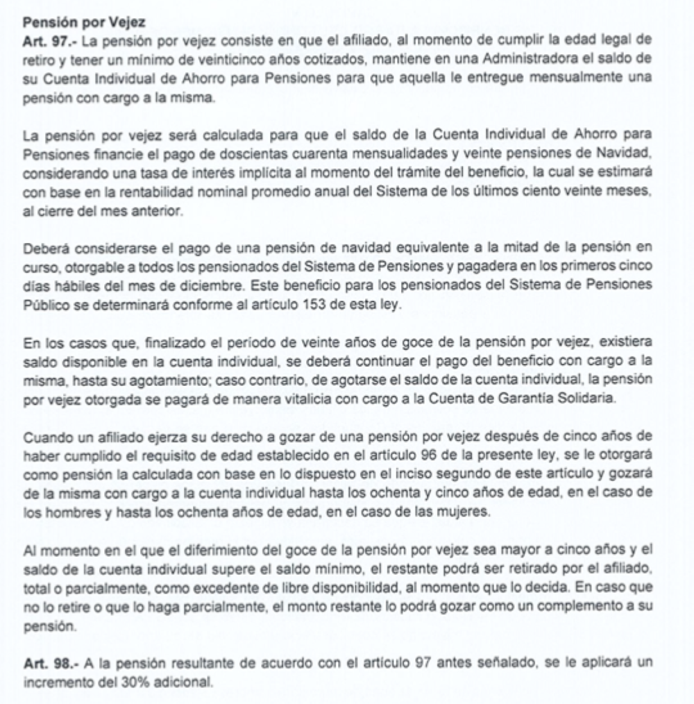 Las pensiones por vejez se aumentarán en 30 % luego de que el saldo financie 240 mensualidades y 20 pensiones de Navidad según el artículo 97.