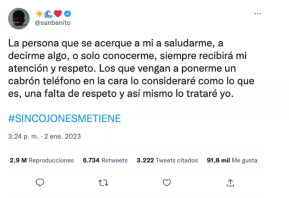 Captura de tuit en la cuenta oficial de Twitter de Bad Bunny @sanbenito