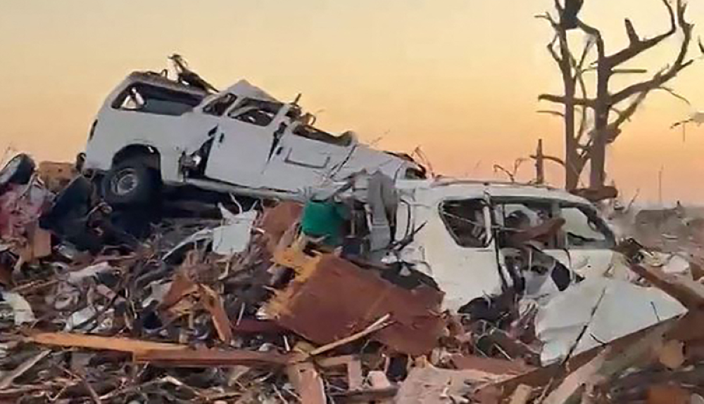 This still image from video taken by storm chaser Lloyd Bridges on March 25, 2023 and released on Eurovision newswire shows the tornado damage to Rolling Fork.AFP