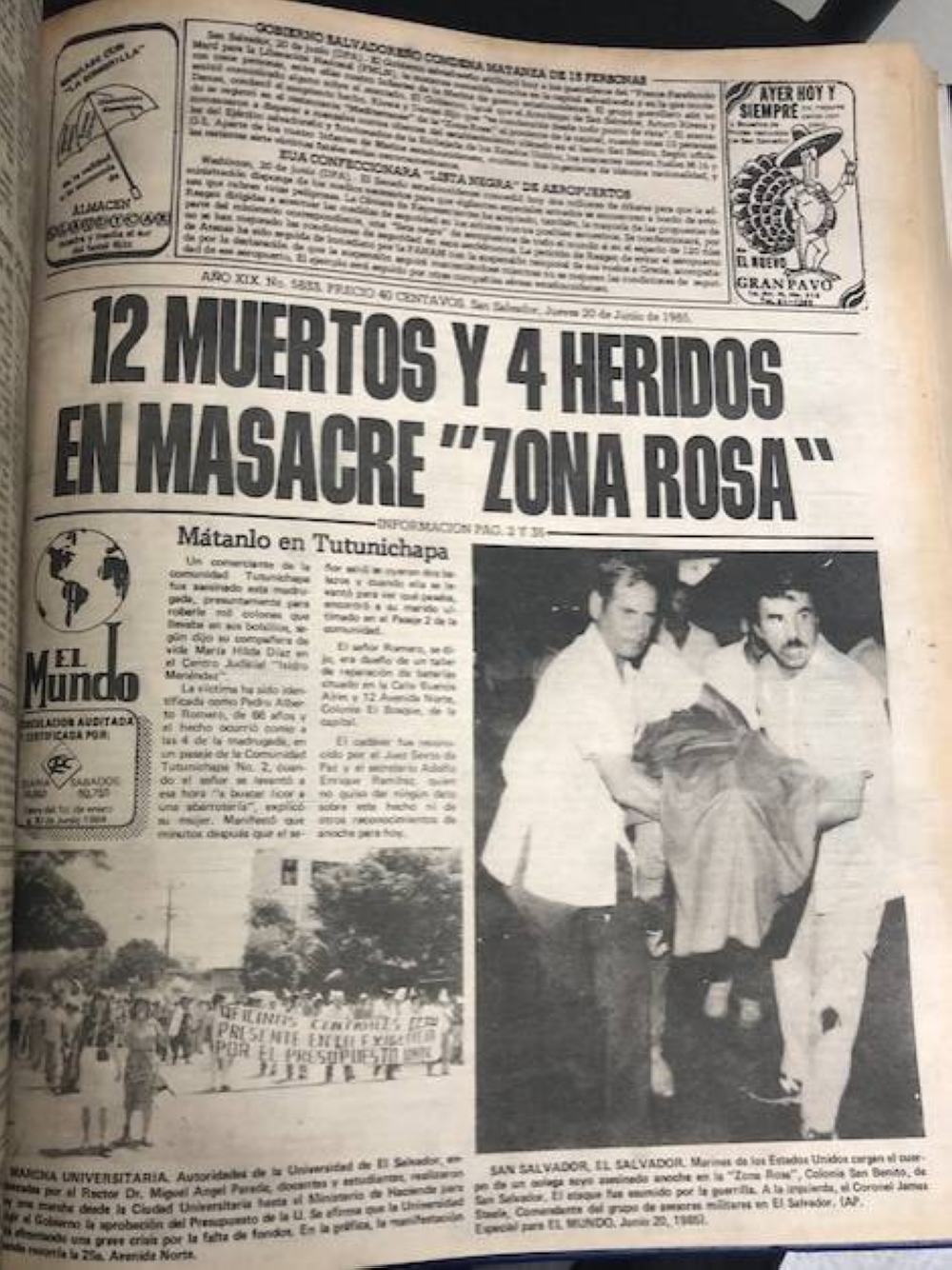 Portada de Diario El Mundo sobre la masacre de la Zona Rosa.