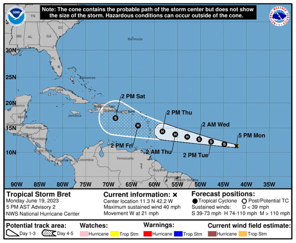 Bret trayectoria. NOAA