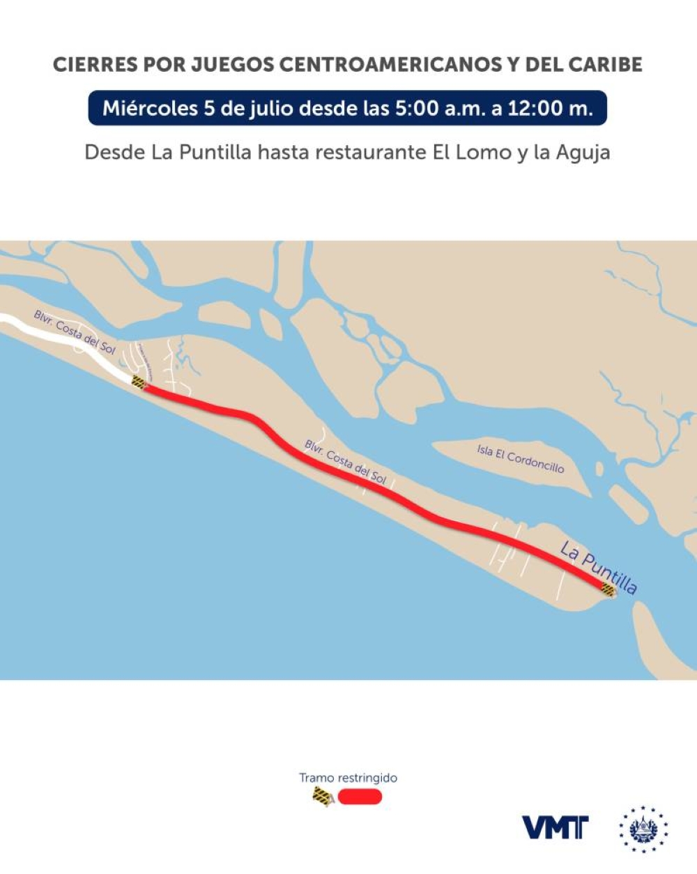 El tramo que estará cerrado, según el mapa que compartió el Viceministerio de Transporte.