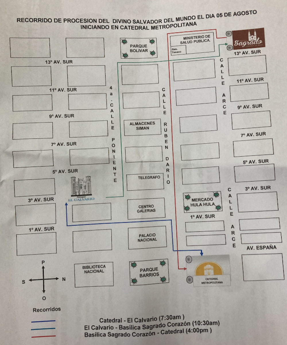 Recorrido de la procesión del divino salvador del mundo el 5 de agosto.