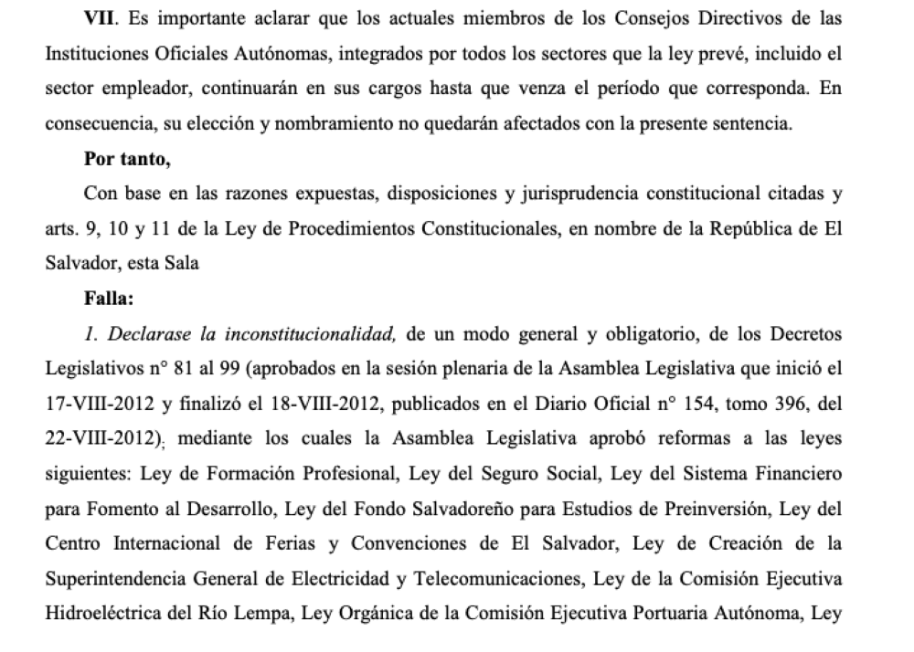 La sentencia, del 14 de noviembre de 2016, que declaró inconstitucionales 19 reformas –decretos del 81 al 99– aprobadas entre la noche del 17 y la mañana del 18 de agosto de 2012.