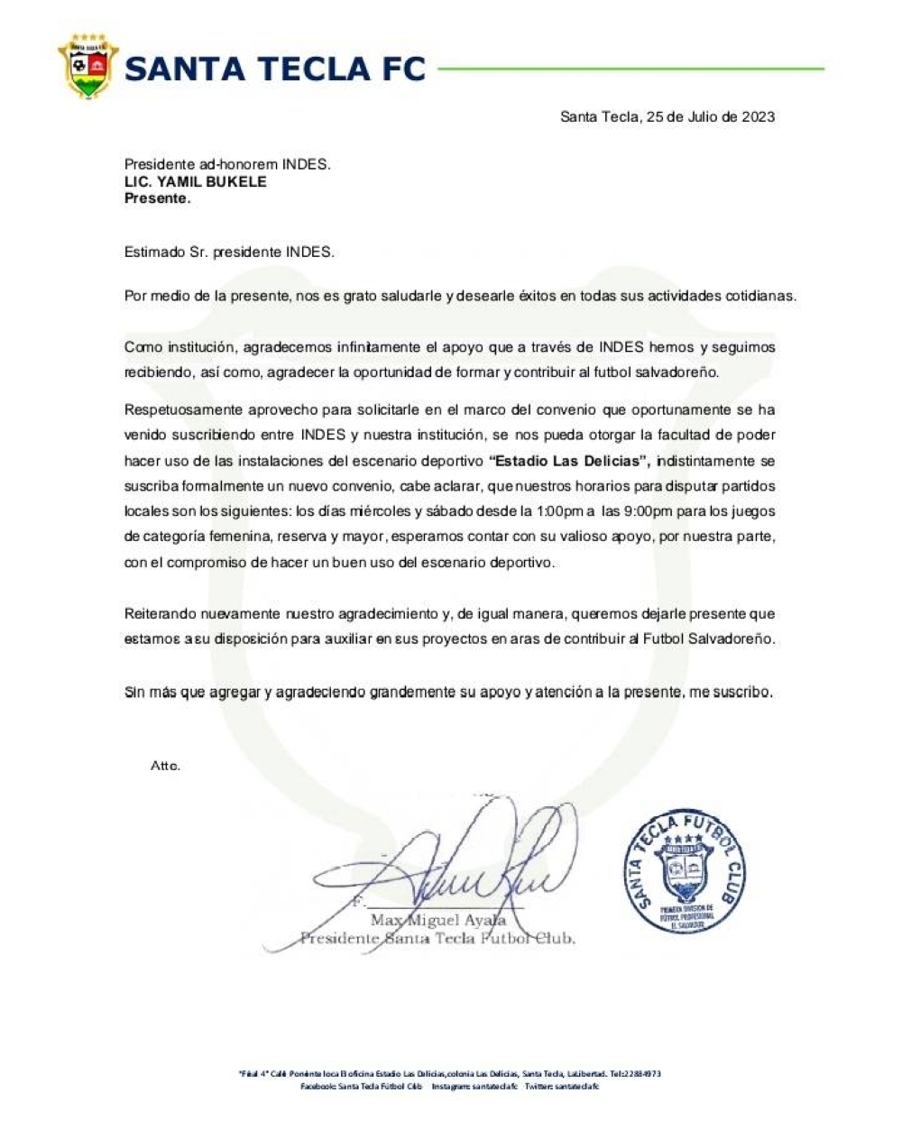 Santa Tecla requests INDES to use Las Delicias Stadium.