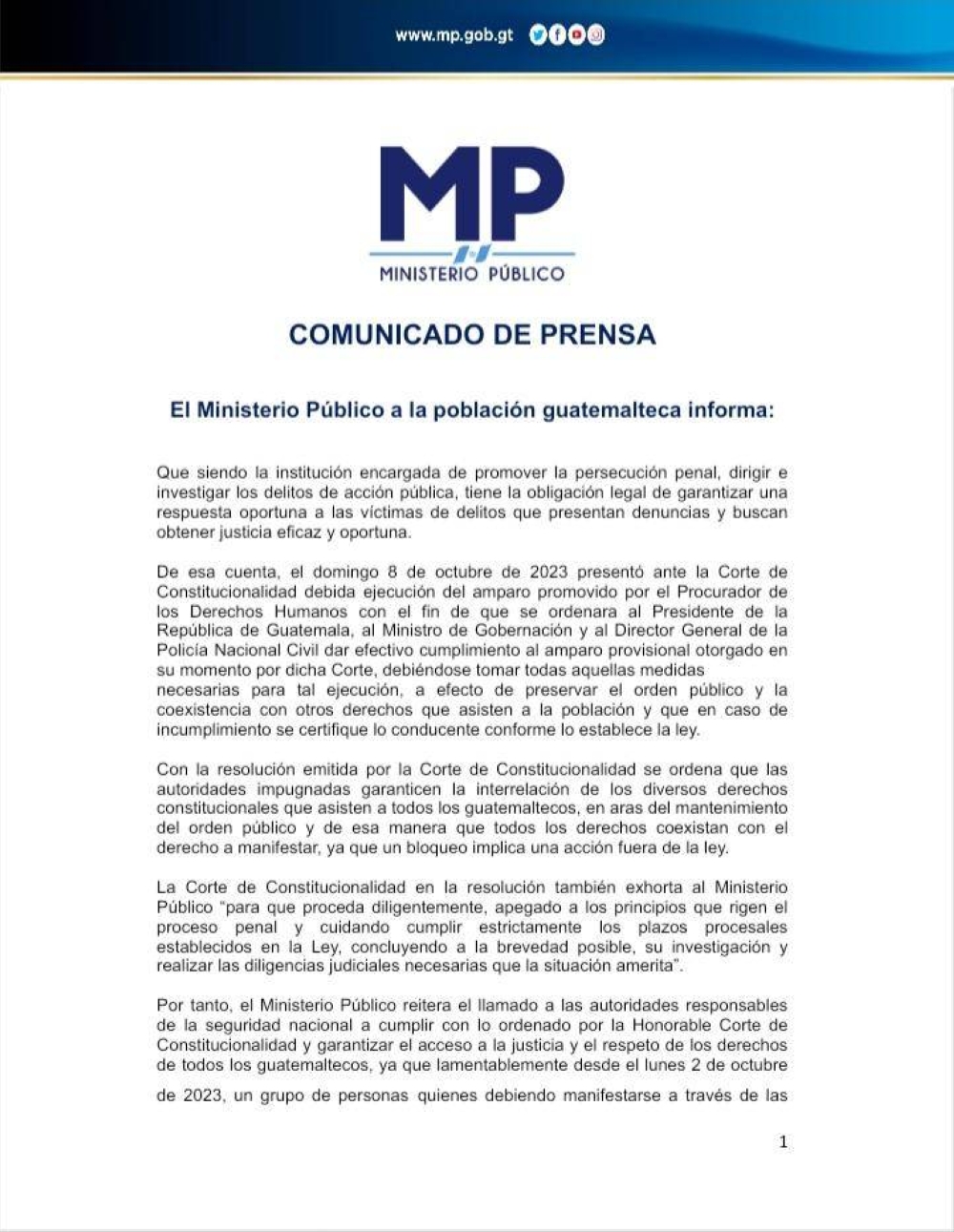 Comunicado del Ministerio Público de Guatemala. 