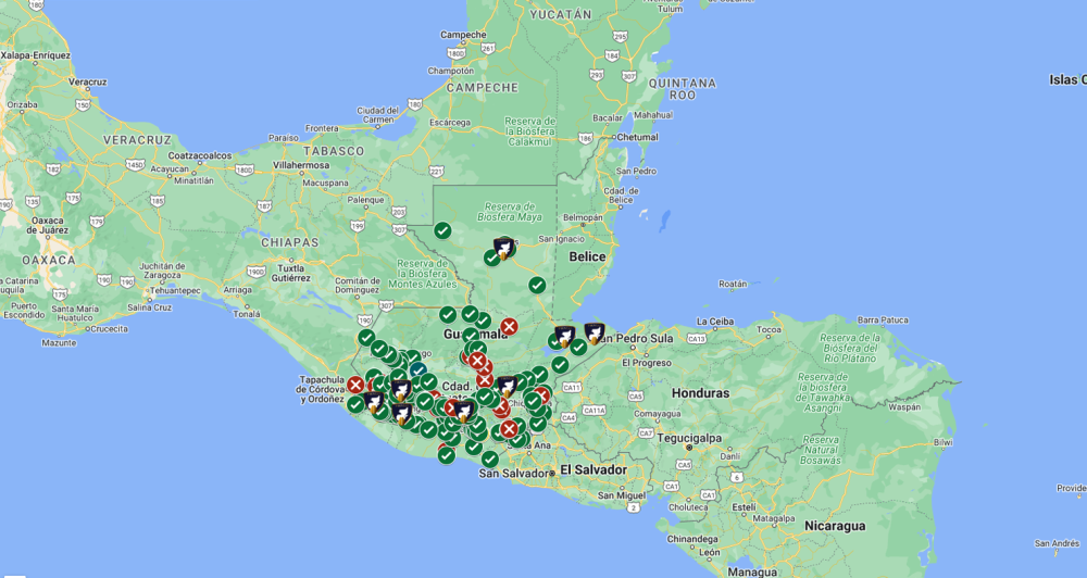 Mapa actual de puntos bloqueados en Guatemala.