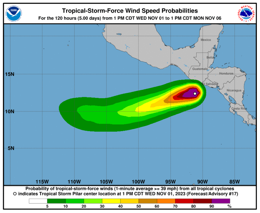 Área de impacto de vientos de Pilar. NOAA-NHC