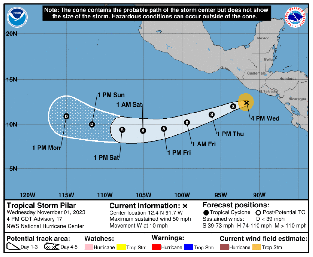 Ruta actual de Pilar a convertirse en depresión tropical. NHC-NOAA