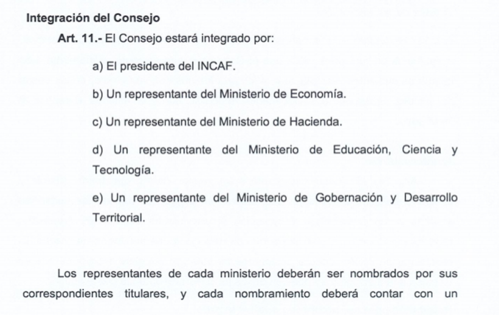 Integración del Consejo del nuevo INCAF, que sustituirá al Insaforp con el 20 % de sus ingresos.