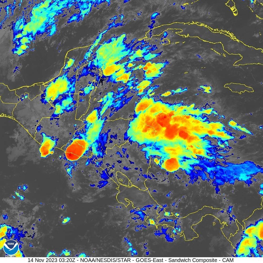 La zona de baja presión en las costa de Honduras y Nicaragua se desplazará sobre el mar caribe empujada por un sisntema frontar con vientos y bajas temperaturas. Cortesía NOAA