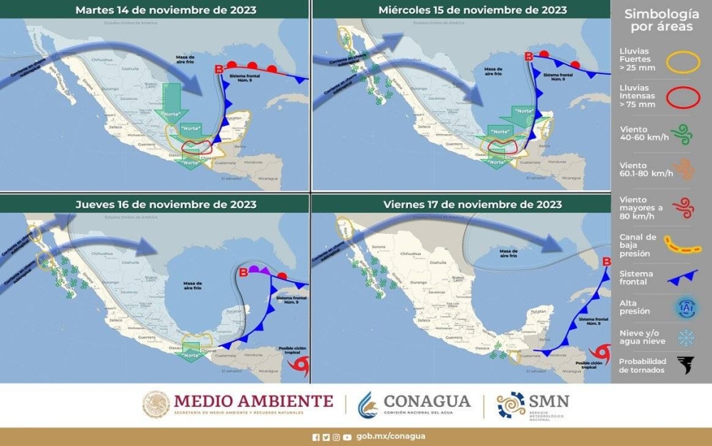 Masa de aire frío y sistema fontral avanzan hacia norte de Centroamérica. Cortesía Conagua