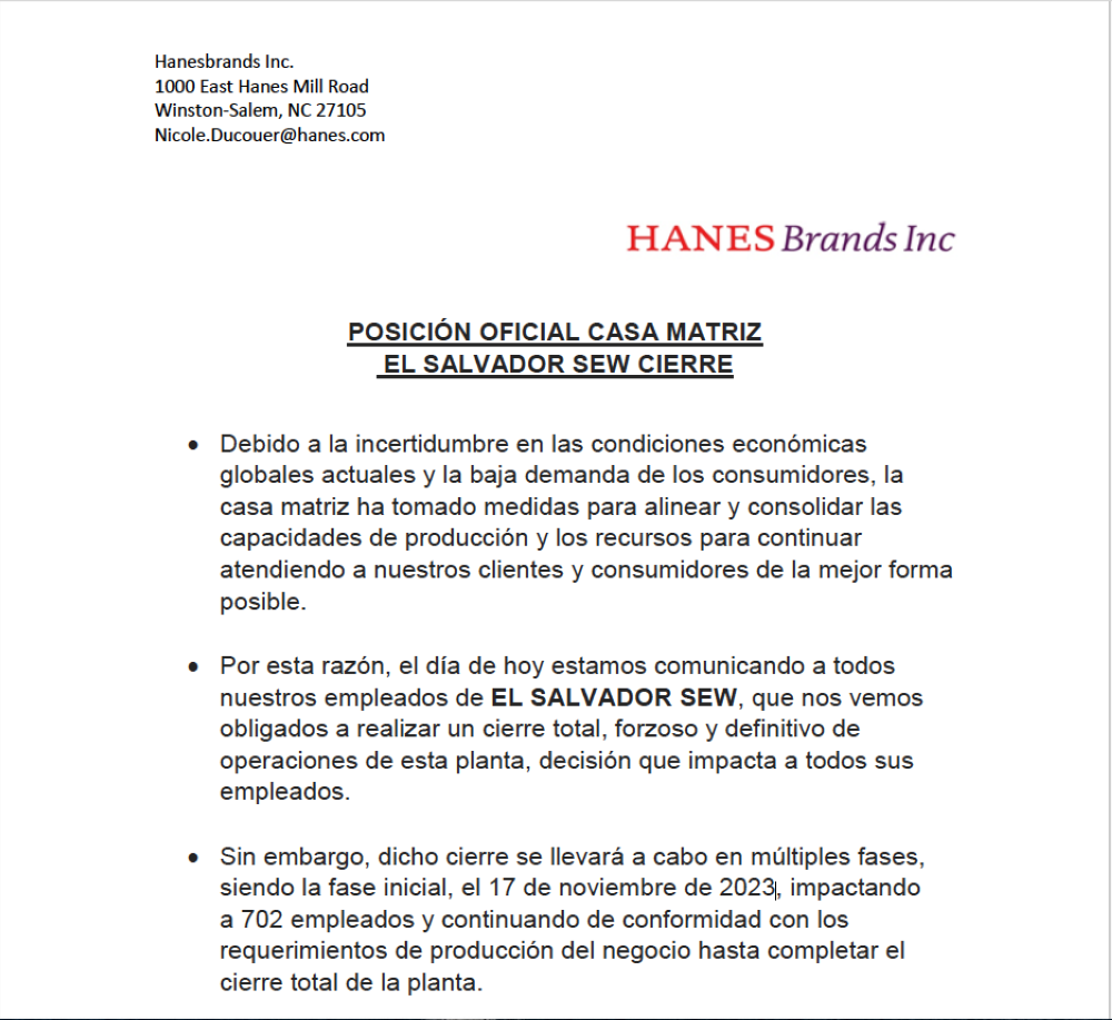 Comunicado de HanesBrands sobre el cierre de una de sus plantas en El Salvador.