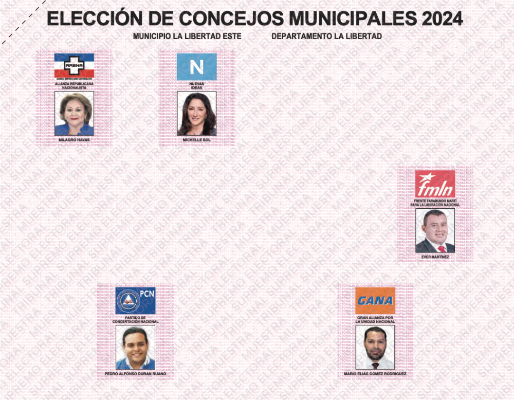 La papeleta de La Libertad Este tiene cinco candidatos. Incluye distritos de Antiguo Cuscatlán, Huizúcar, Nuevo Cuscatlán, San José Villanueva y Zaragoza.