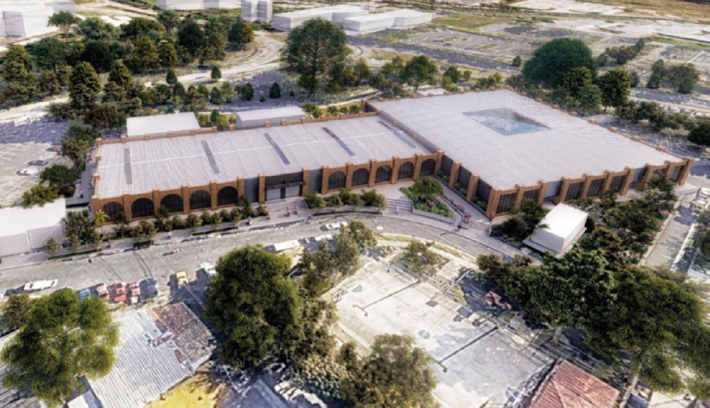 Proyección arquitectónica aérea de cómo se vería la nueva construcción del Mercado Merliot. Cuenta de X de Michelle Sol