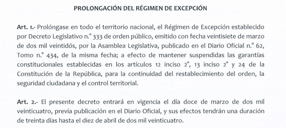 Decreto de 24a. prórroga del régimen de excepción en El Salvador.
