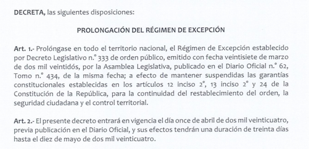Decreto de la 25a. prórroga del régimen de excepción aprobada el 9 de abril de 2024.