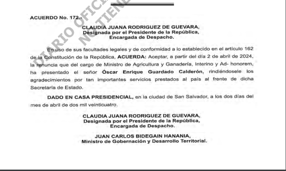 Guardado renunció a su cargo como ministro Ad-honorem el pasado 2 de abril. /Diario Oficial