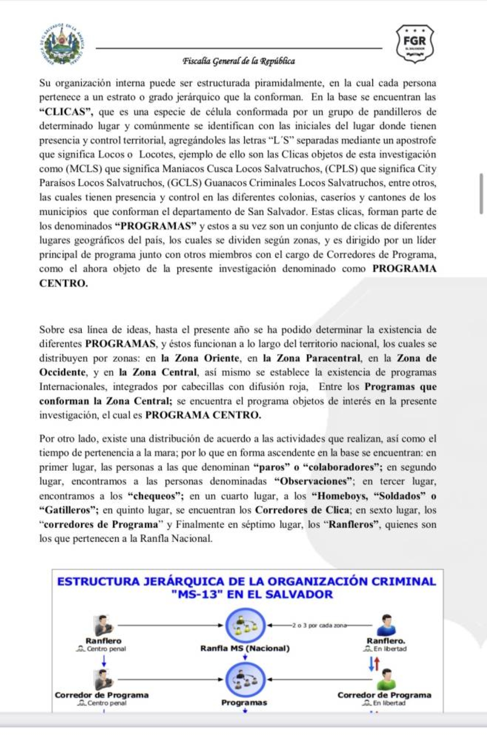 Estructura organizativa de la MS13 según la Fiscalía en una solicitud de imposición de medidas.