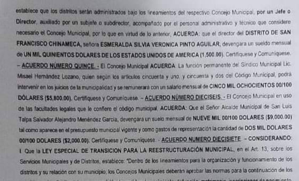 Documento divulgado en redes sociales en donde presuntamente se aprobaba un salario de $9,000 mensuales para el alcalde de La Paz Oeste, quien lo desmintió.