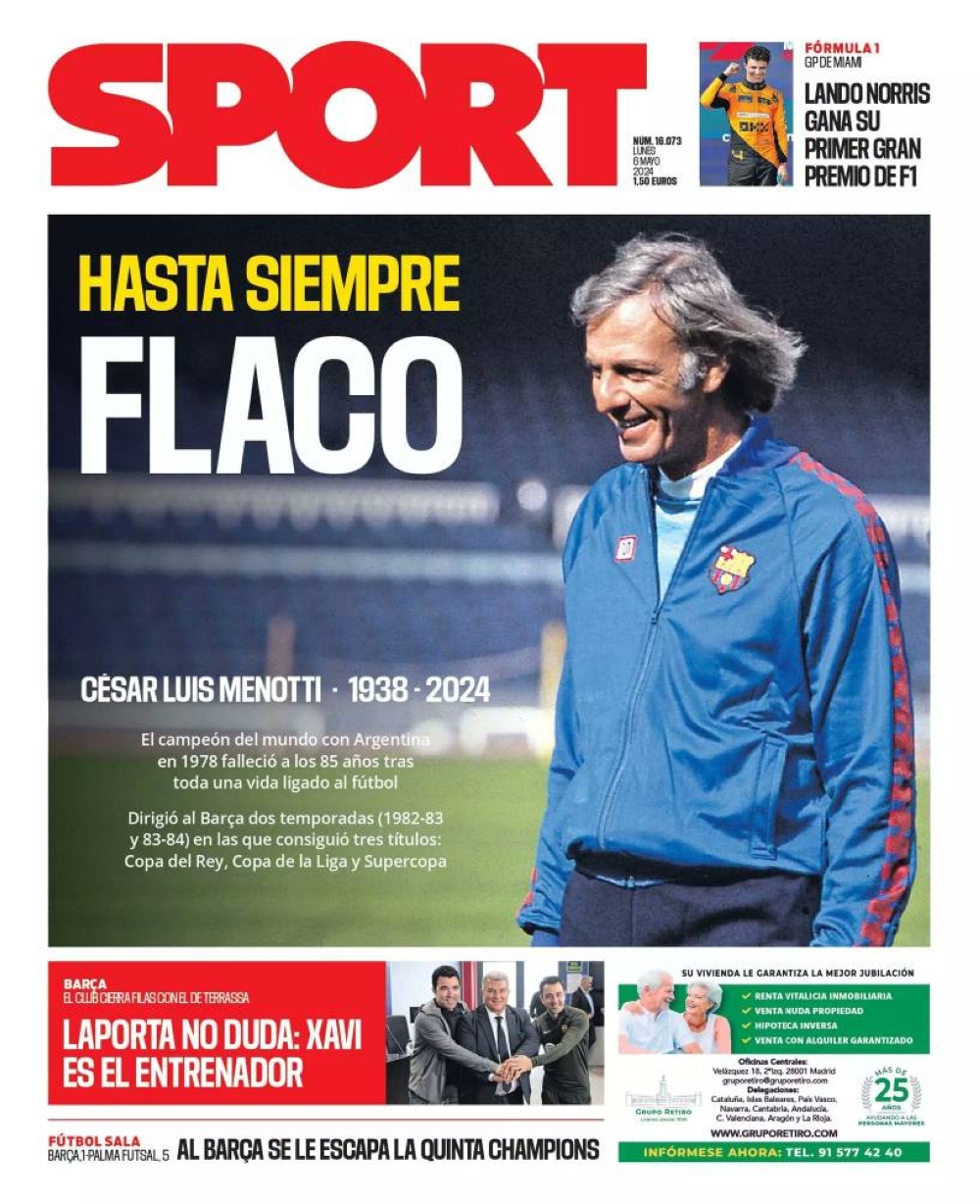 El periódico español Sport lo destaca en la portada. 