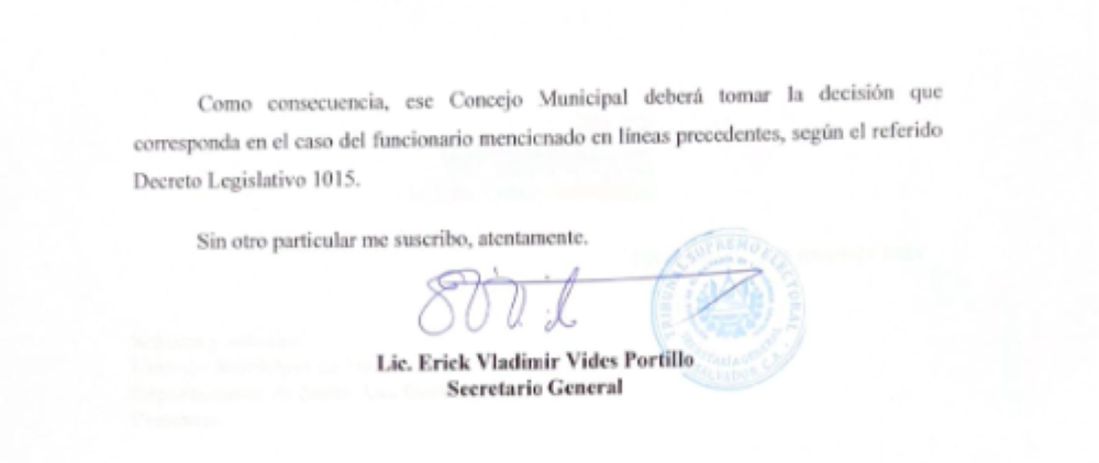 La nota del TSE estaba firmada por el secretario general del TSE, Erick Vides.