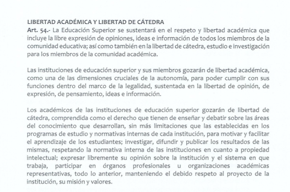 El artículo 54 del proyecto de Ley de Educación Superior: aún no aprobado.