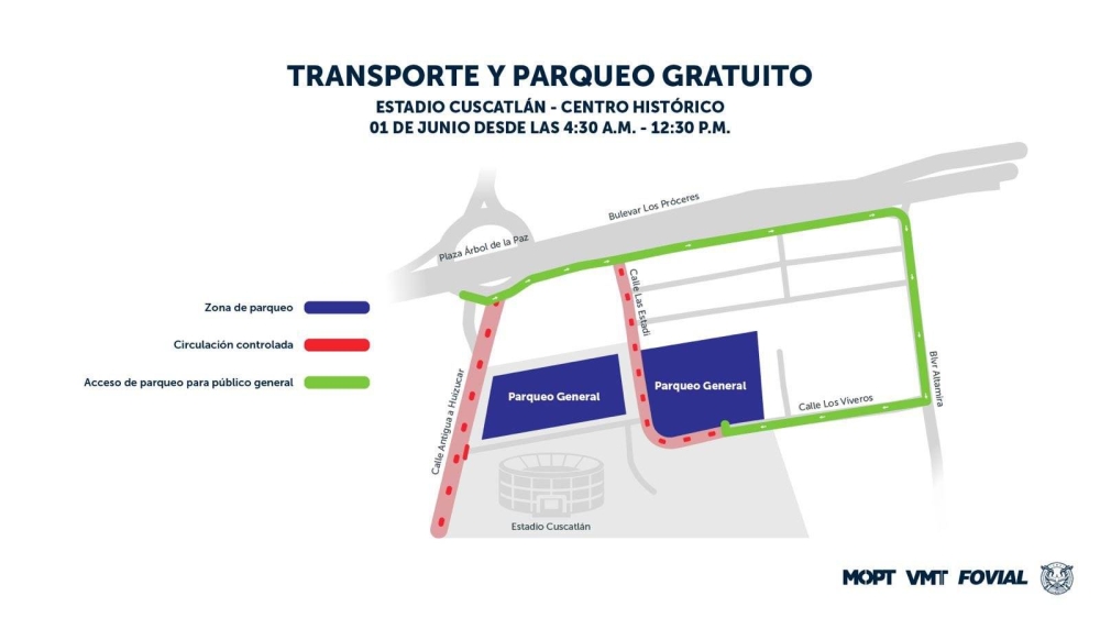 Área de parqueo en el Estadio Cuscatlán, desde donde saldrán buses gratuitos para asistir a la investidura. 