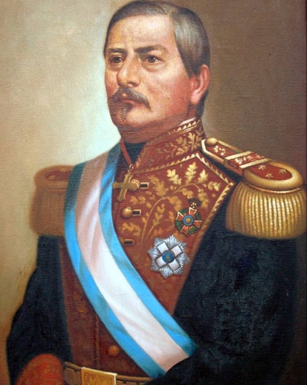 Pintura de referencia del capitán General Gerardo Barrios, cuya estatua a caballo yace en la plaza frente al Palacio Nacional.