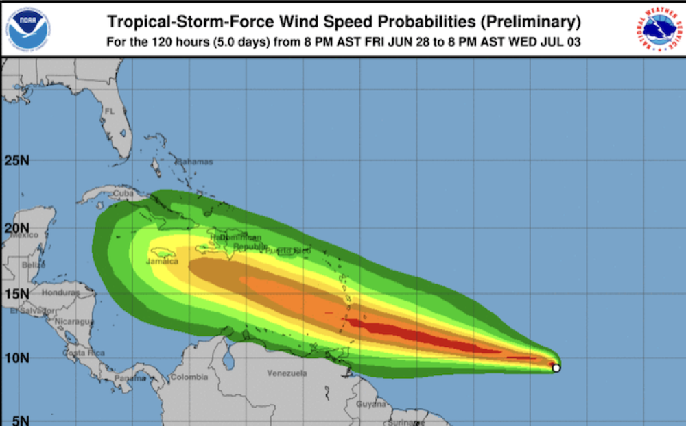 Imagen de la posible trayectoria de la tormenta tropical Beryl hasta el miércoles 3 de julio.