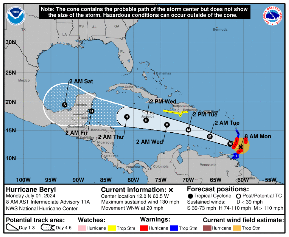 Trayectoria de vientos de Beryl según el Centro Nacional de Huracanes. 