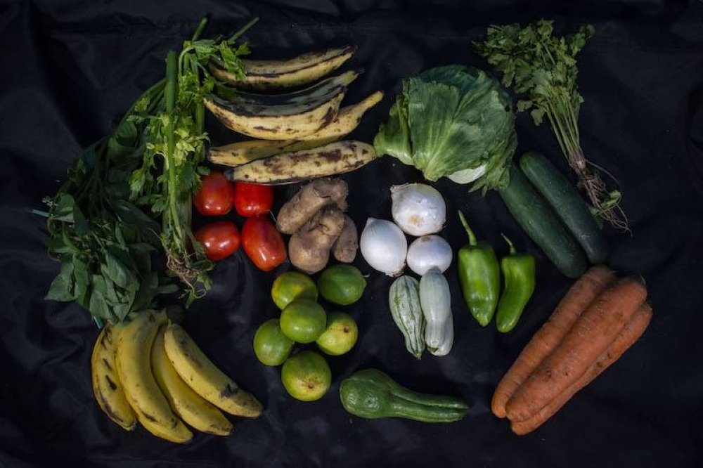 Compra de $13.50 en el mercado de Mejicanos: 6 guineos por $1, 7 plátanos medianos por $1, 3 tomates por $1, 1 güisquil por $1, 3 papas por $1, 2 pepinos por $1, 3 cebollas por $1, 3 pipianes por $1, 6 limones por $1, 1 lechuga por $1, 2 chiles por $1, 3 zanahorias por $1 y $0.50 de apio, cilantro y mora. / Lisbeth Ayala.