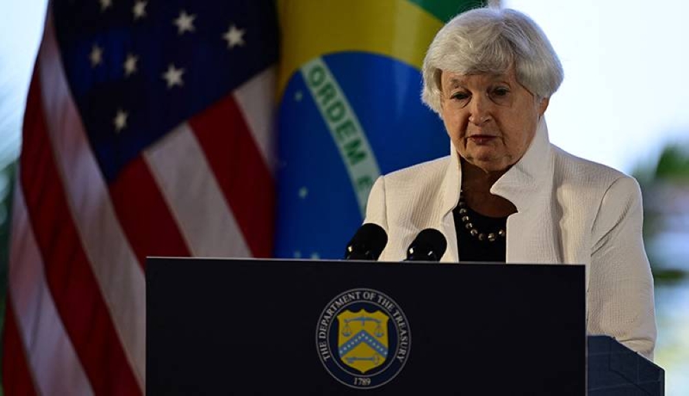 La secretaria del Tesoro, Janet Yellen, en la reunión del G20 celebrada en Brasil. /AFP,image_description: