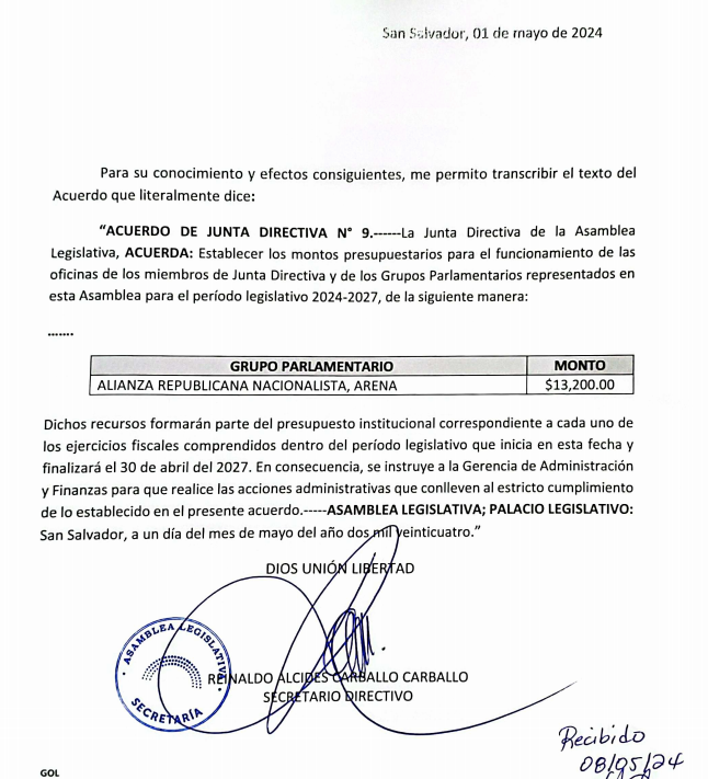 La notificación del secretario de junta directiva menciona que el acuerdo número 9 de la junta directiva aprobó las asignaciones a los grupos parlamentarios el 1 de mayo de 2024.