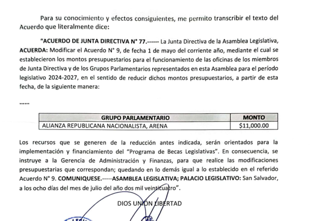 La segunda notificación del secretario de junta directiva cita el acuerdo 77 mediante el cual se cambió el acuerdo 9 para disminuirle la asignación a las fracciones.